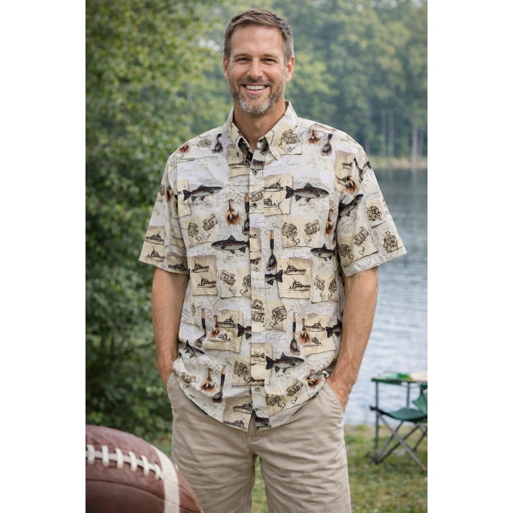 Natural Issue Mens‎ L Fishing Print Button Up Shirt Short Sleeve Nautical